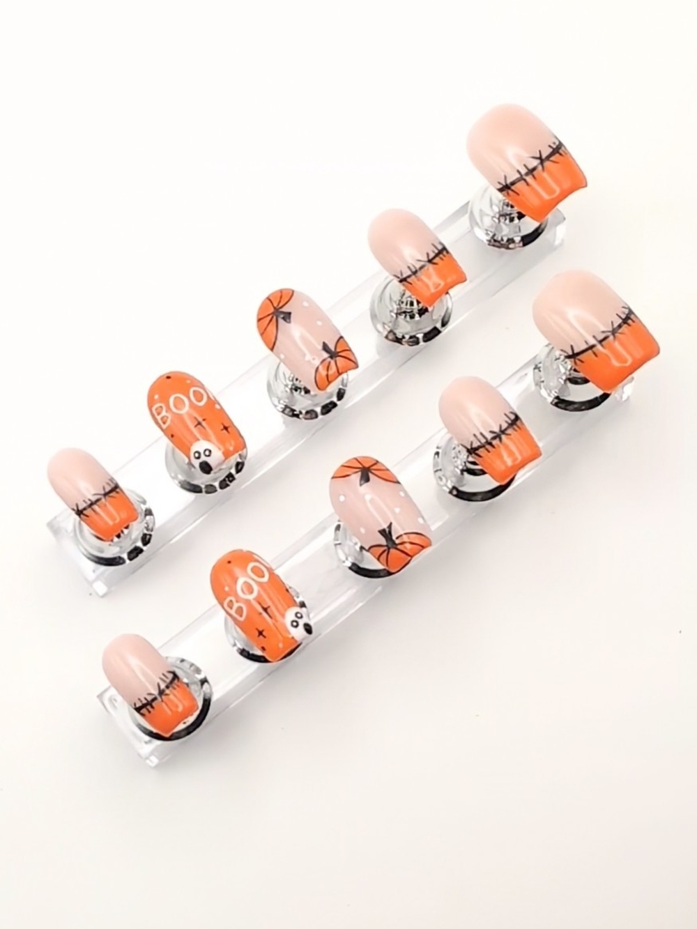 Handcrafted Halloween Pumpkin Ghost Short Square Press-On Nails